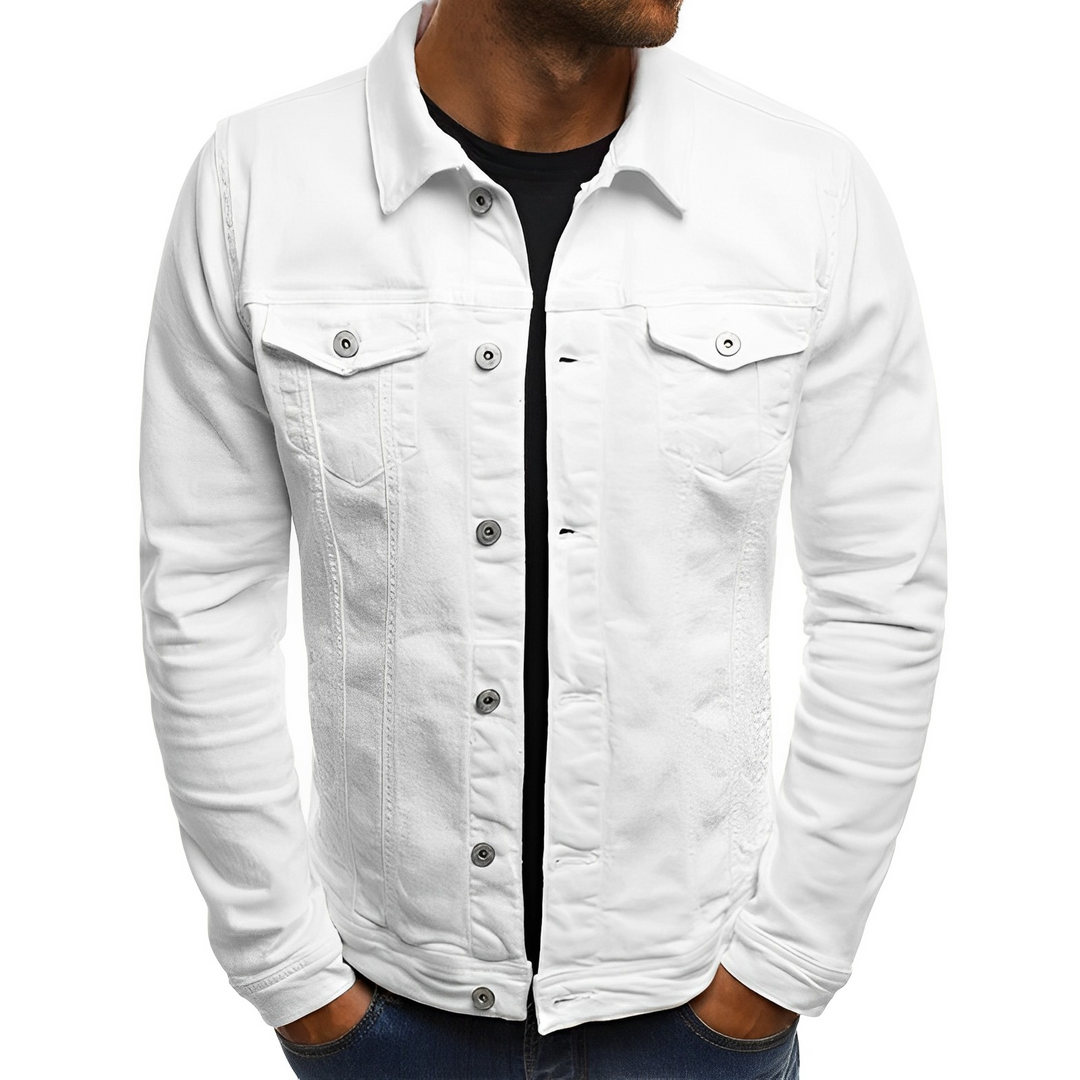 Stylish men's blue denim jacket, lightweight and classic for summer. Features button-up front & chest pockets.