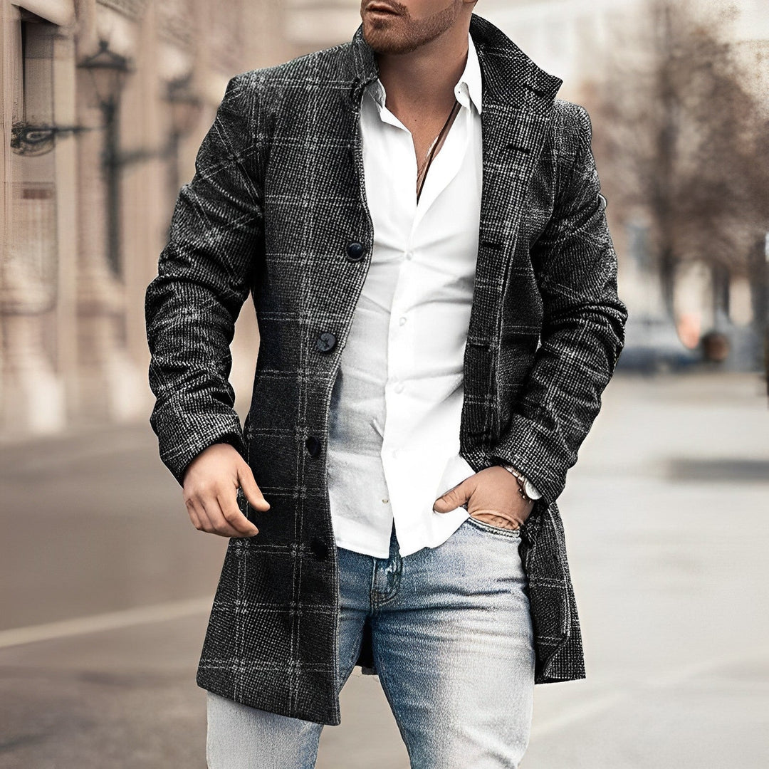 Stylish men's long coat, button-up, black, timeless outerwear for winter