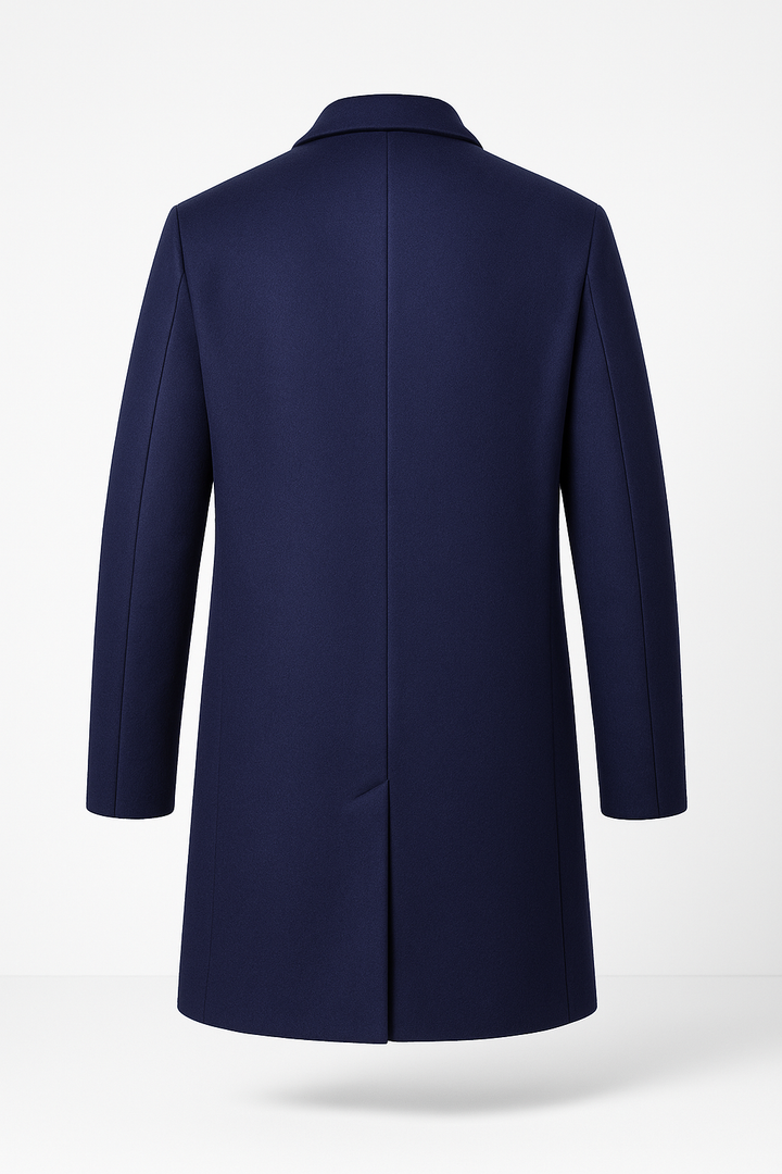 Stylish men's trench coat, a classic long winter overcoat with sophisticated notch lapel for cold weather.