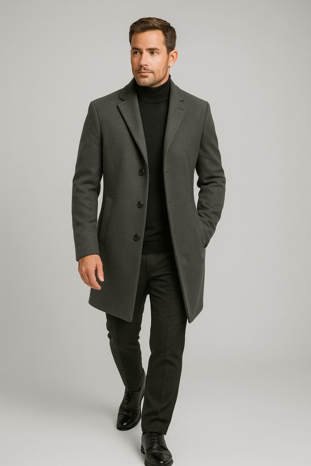 Formal men's long coat with notch lapel. This classic winter overcoat is ideal for business casual fashion.