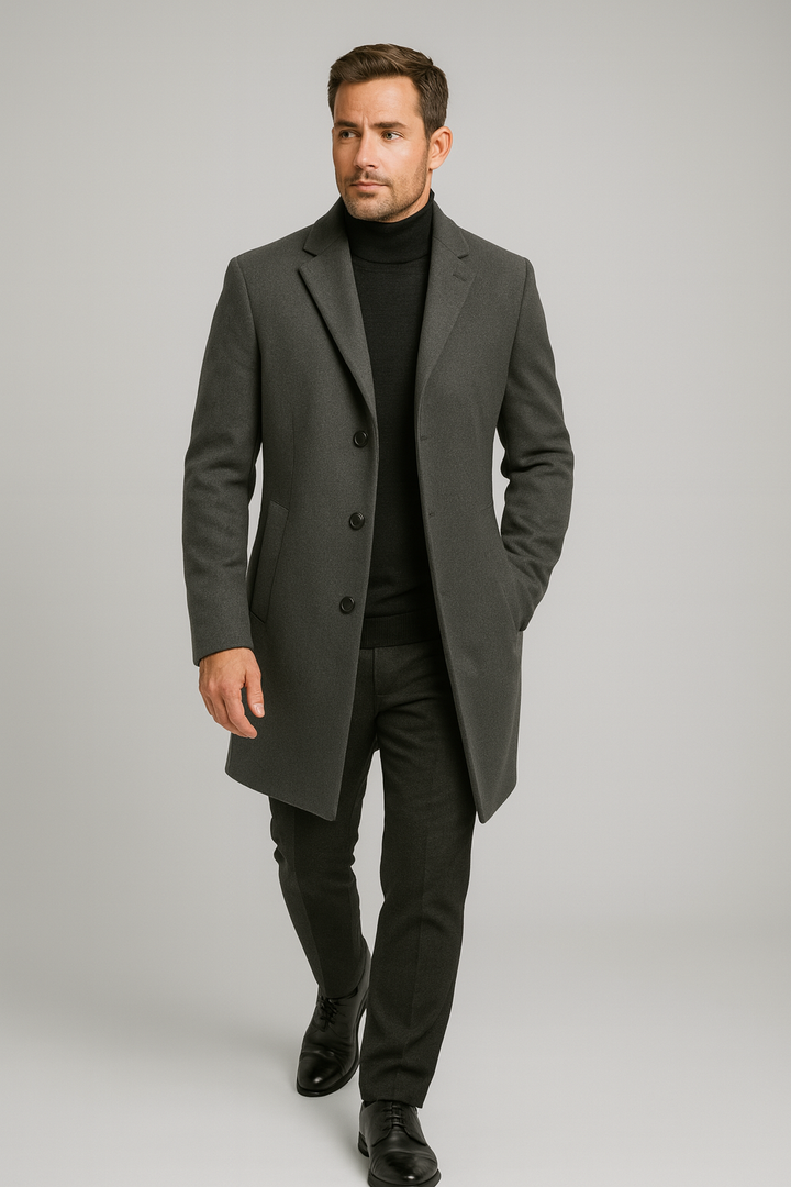 Formal men's long coat with notch lapel. This classic winter overcoat is ideal for business casual fashion.