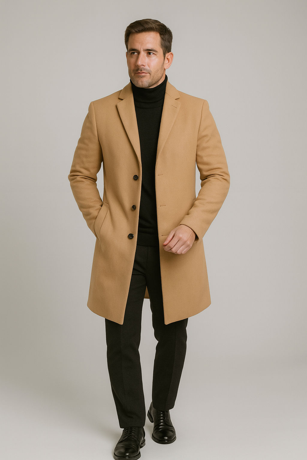 Classic men's long overcoat, a stylish winter trench coat with a prominent notch lapel for menswear.