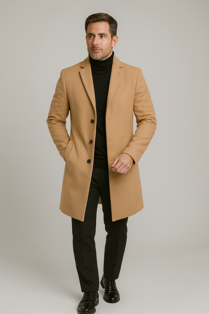 Classic men's long overcoat, a stylish winter trench coat with a prominent notch lapel for menswear.
