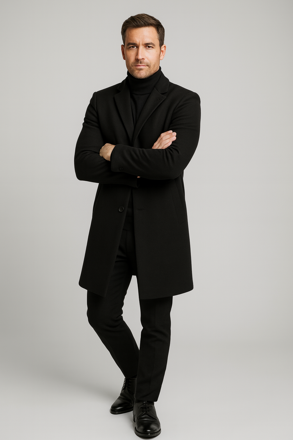 Fashionable men's long overcoat with a classic notch lapel, versatile stylish winter trench coat.