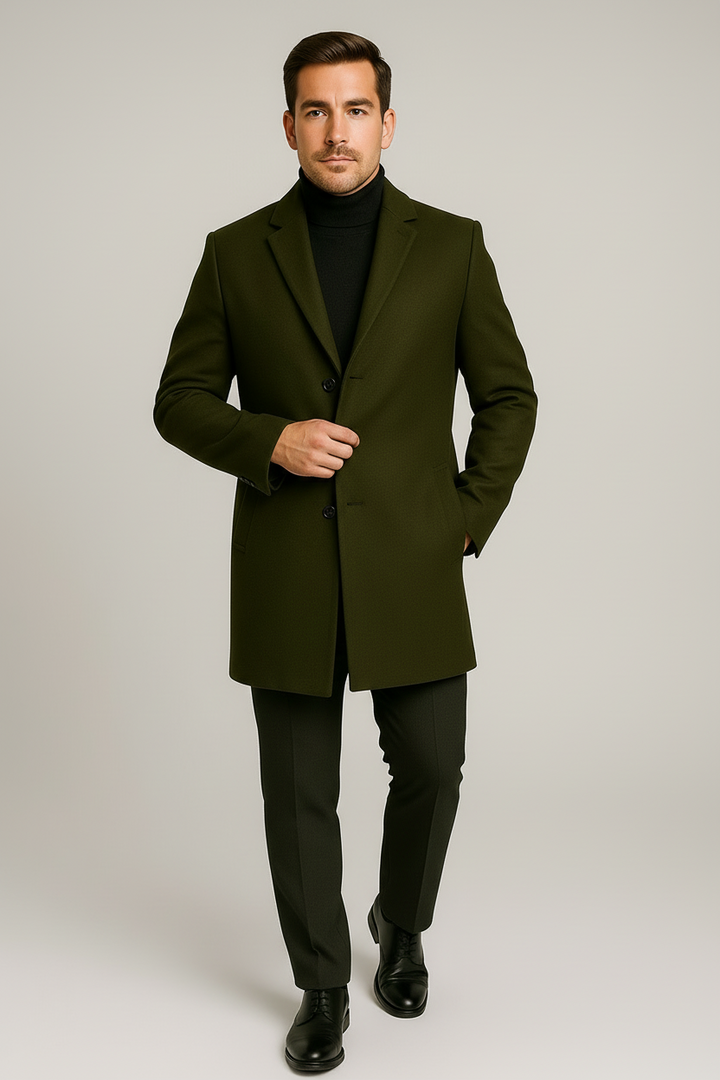 Elegant men's long winter coat, a classic trench overcoat with stylish notch lapel for formal outerwear.