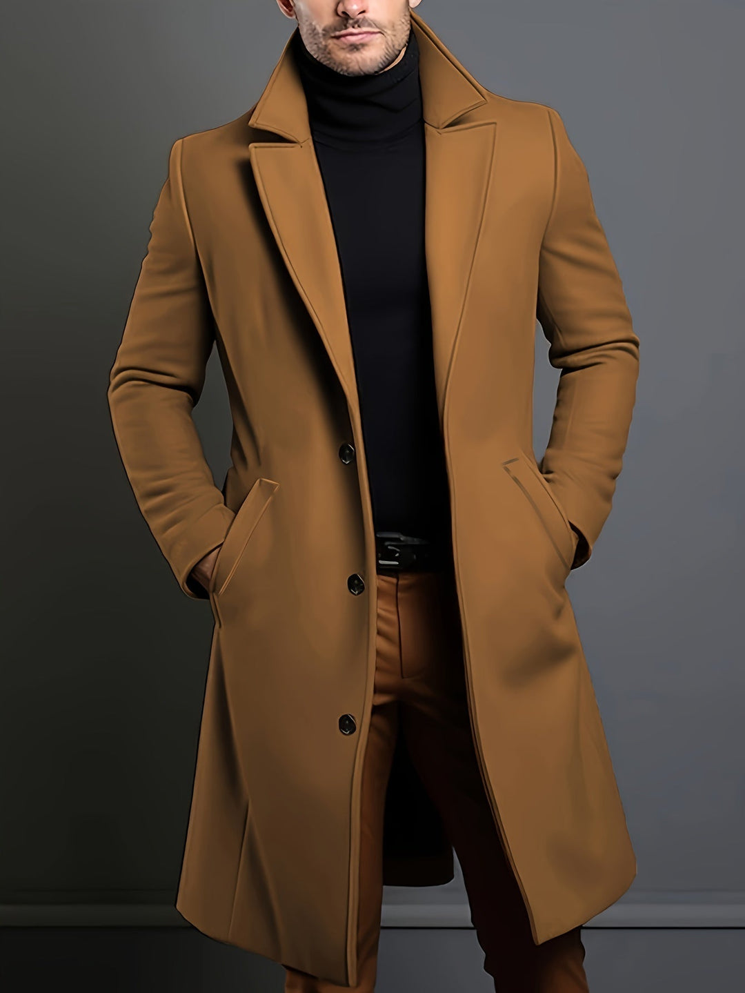 Men's classic long single-breasted lapel overcoat. Timeless tailored style for winter & fall outerwear.
