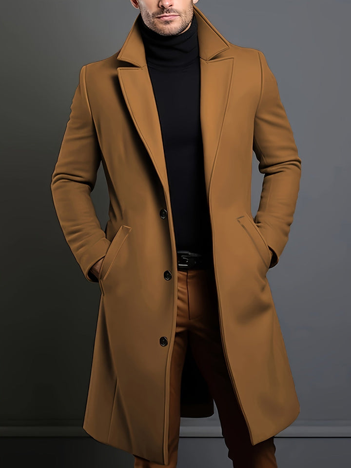Men's classic long single-breasted lapel overcoat. Timeless tailored style for winter & fall outerwear.