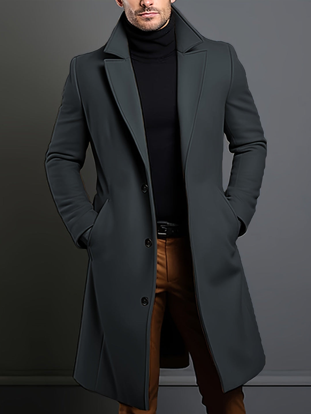 Men's long lapel overcoat, single-breasted. Timeless men's outerwear, perfect for fall and winter fashion.