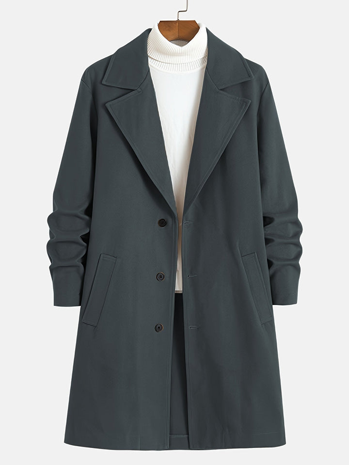 Russell men's classic long single-breasted overcoat. Tailored lapel coat, essential for men's winter fashion.