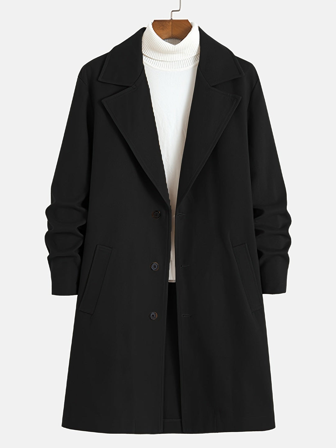 Sophisticated men's long single-breasted overcoat. Elegant lapel design, perfect for timeless fall outerwear.