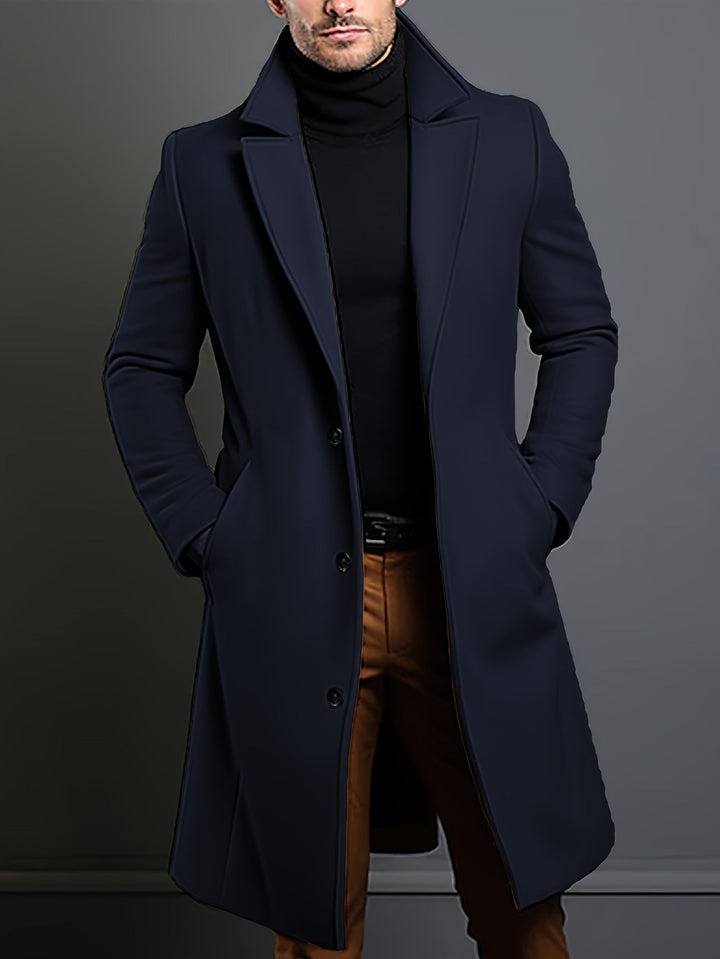 Warm men's single-breasted long lapel overcoat. Ideal fall & winter outerwear for a tailored, classic look.
