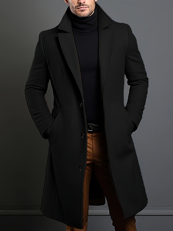 Premium men's long single-breasted lapel overcoat. Durable, classic tailored style for enduring men's fashion.