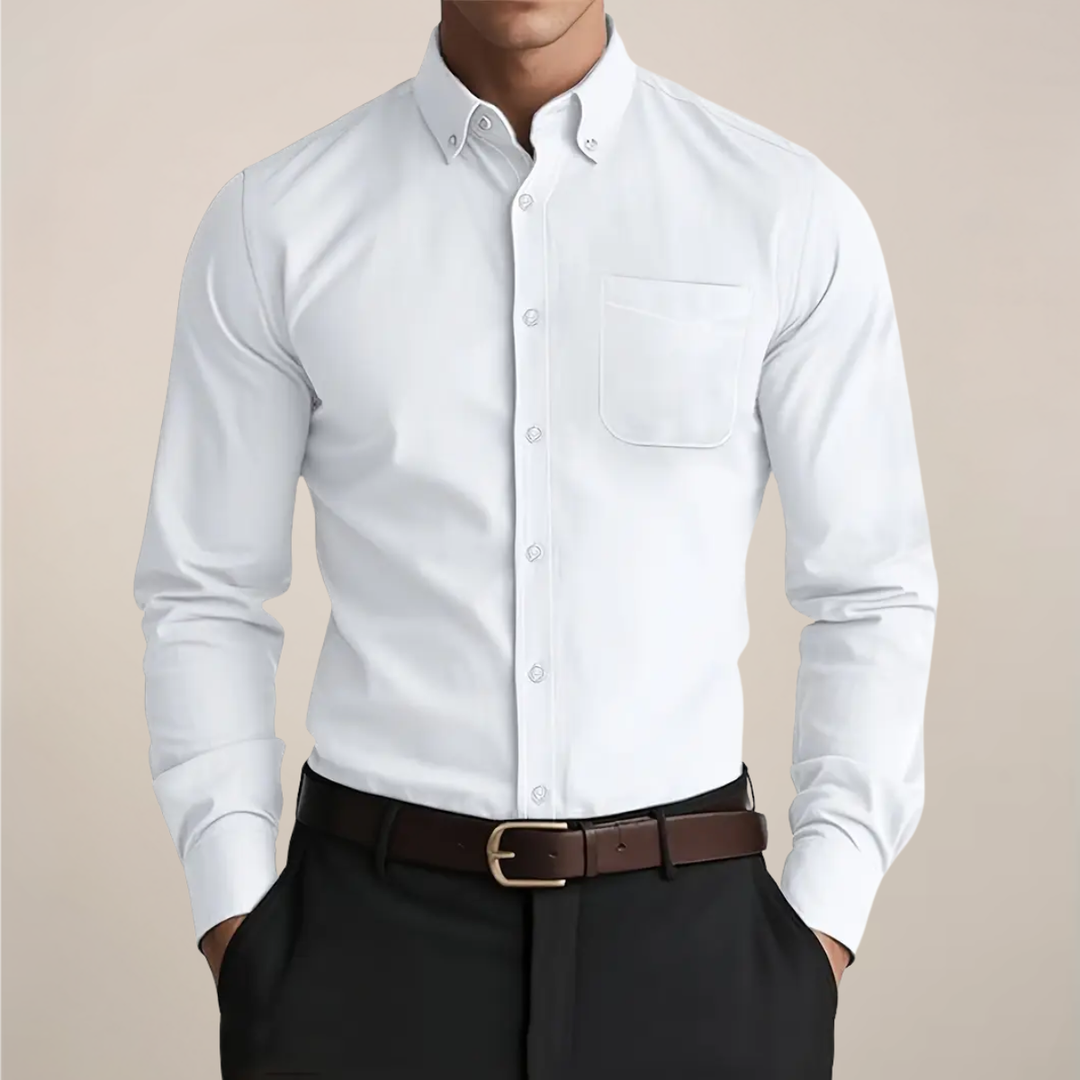 Men's classic long sleeve button-up shirt in white, perfect for casual, smart casual, or workwear occasions. Versatile mens fashion.