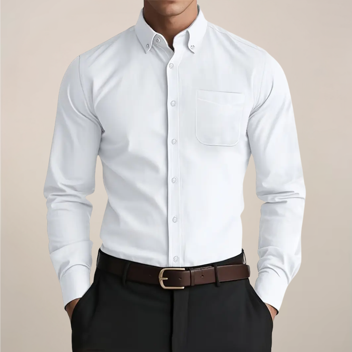 Men's classic long sleeve button-up shirt in white, perfect for casual, smart casual, or workwear occasions. Versatile mens fashion.