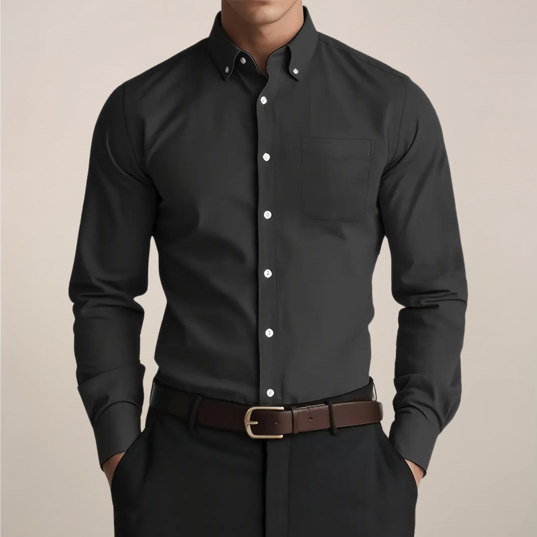 Rear view of a men's durable long sleeve button-up shirt, highlighting its classic design and comfortable fit for all occasions. Menswear.