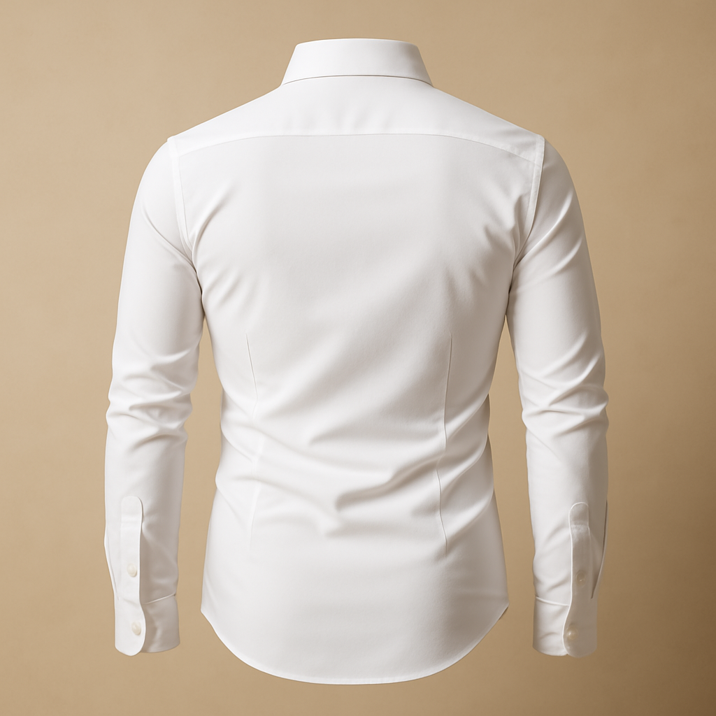 Crisp men's long sleeve dress shirt, ideal formal wear or business attire for a polished style.