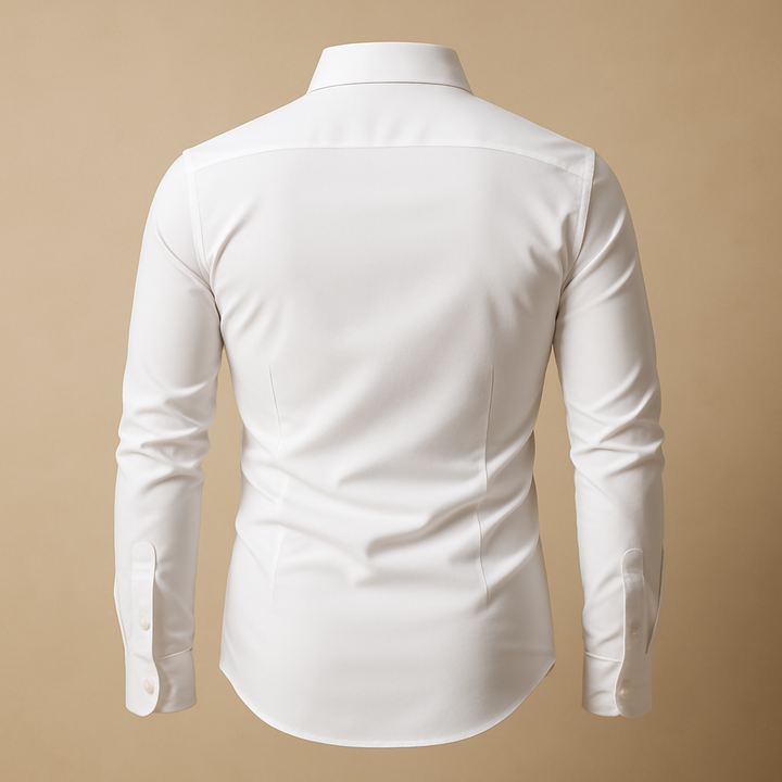 Crisp men's long sleeve dress shirt, ideal formal wear or business attire for a polished style.