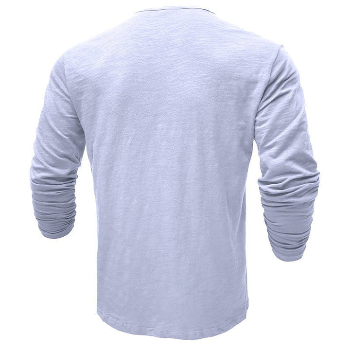 Overhead view of a men's long-sleeve henley shirt, showcasing its classic design and soft fabric