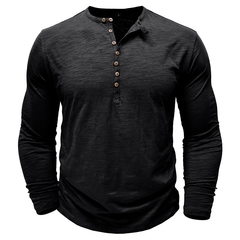 Men's long-sleeve henley shirt in a rich burgundy, a comfortable and fashionable choice for casual wear