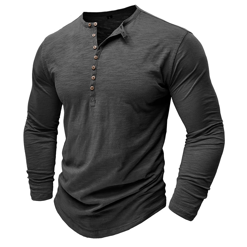 Stylish men's long-sleeve henley shirt with button-up placket, comfortable & ideal for everyday fashion