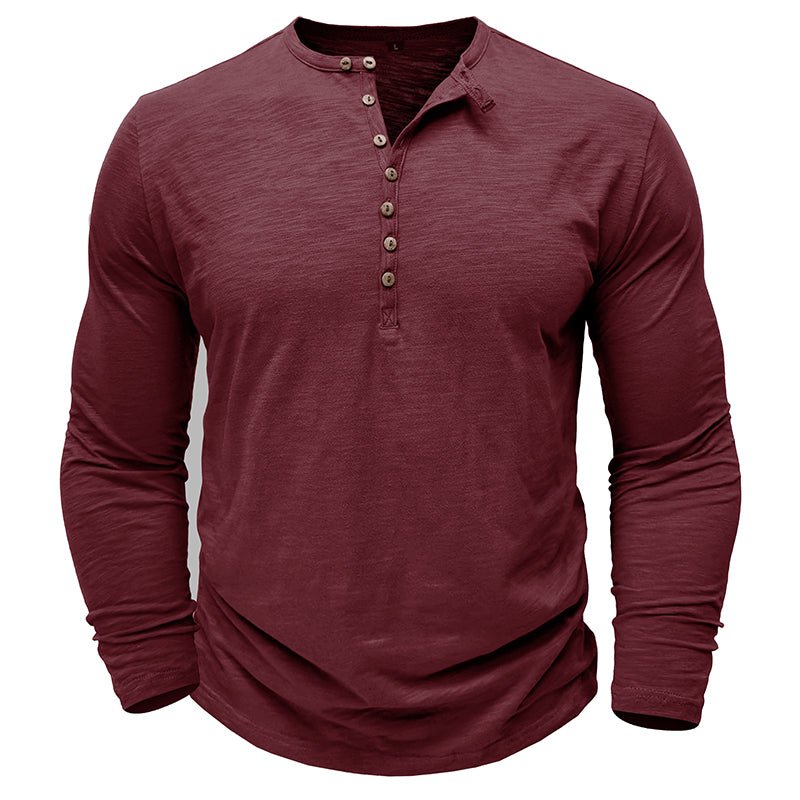 Men's long-sleeve henley shirt in a warm brown tone, perfect for cozy and casual fall fashion