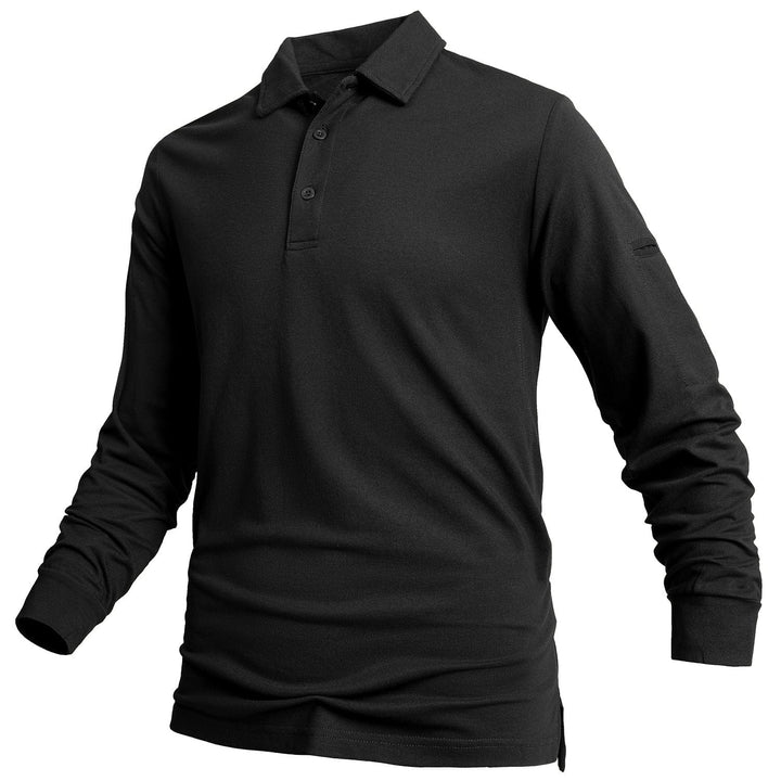 Men's classic long sleeve polo shirt, charcoal grey, cotton blend, moisture wicking fabric.
