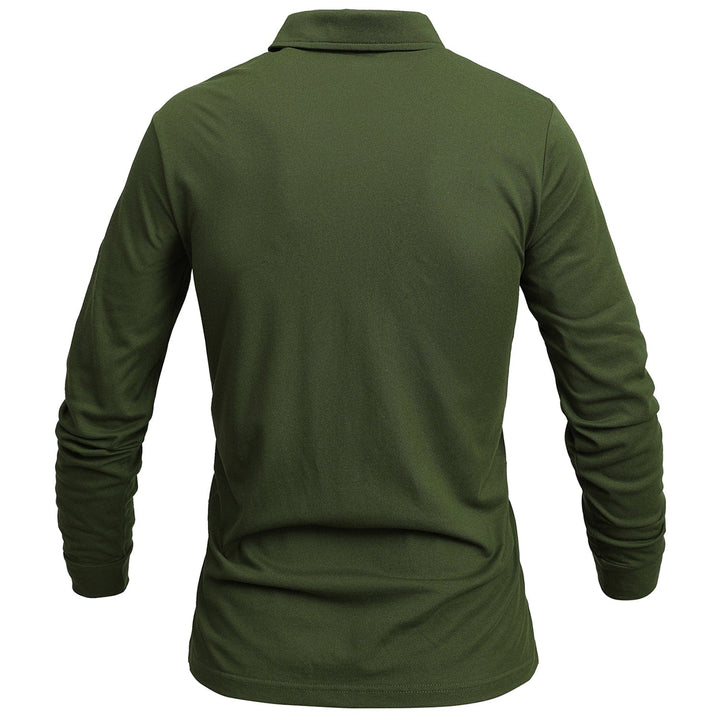 Folded green long-sleeve polo shirt for men, highlighting its soft cotton blend material.