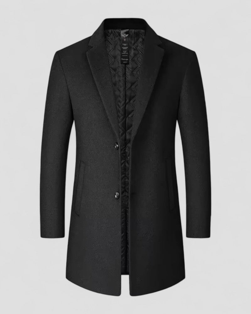 Men's classic long trench coat in black, perfect for stylish winter outerwear, business attire, and smart casual fashion.