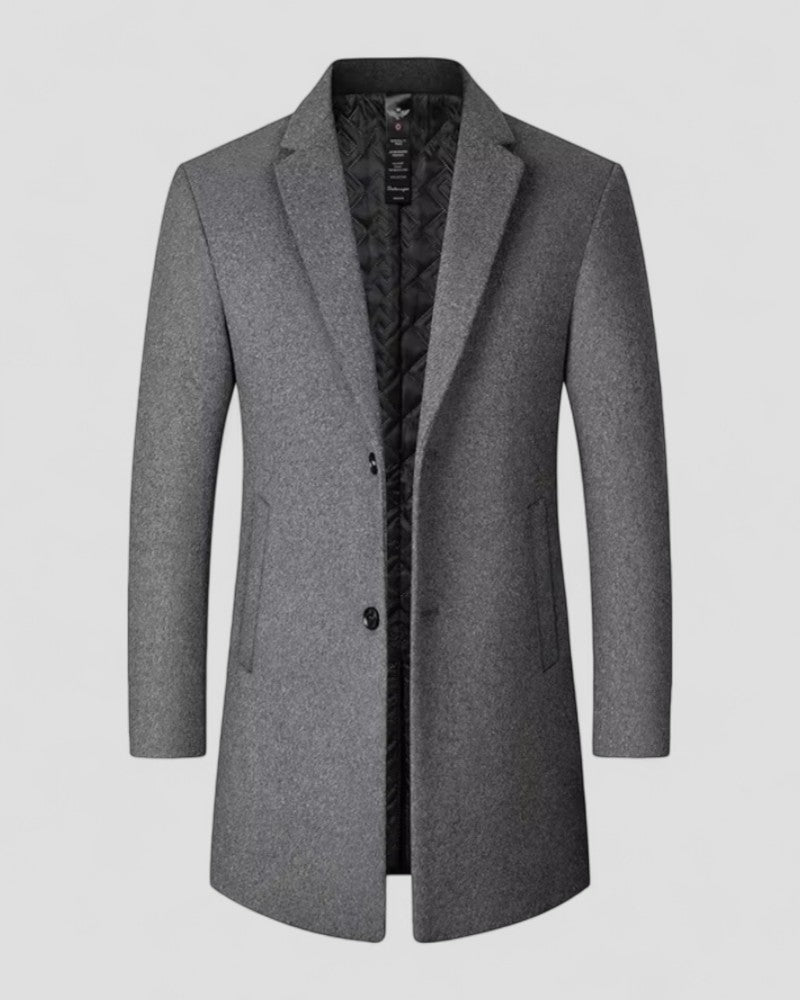 Elegant men's long trench coat, a stylish winter overcoat for formal wear, business, and classic men's fashion.