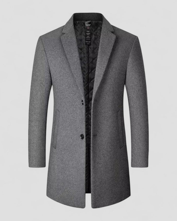 Elegant men's long trench coat, a stylish winter overcoat for formal wear, business, and classic men's fashion.