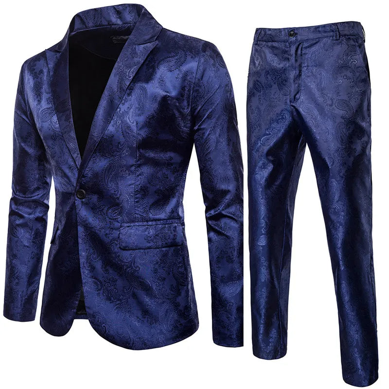 Man wearing a stylish new men's classic two-piece slim-fit suit, complete with elegant blazer and formal trousers.