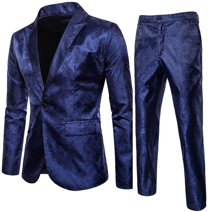Man wearing a stylish new men's classic two-piece slim-fit suit, complete with elegant blazer and formal trousers.