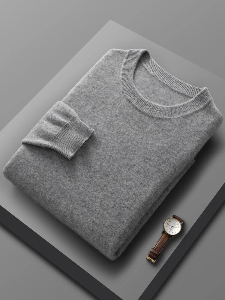 Sophisticated men's merino wool crew neck sweater in a rich burgundy, soft, warm, and highly breathable.