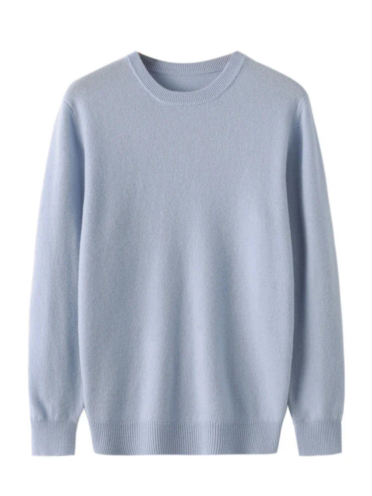 Soft men's crew neck sweater made from 100% merino wool, a classic breathable knitwear piece.