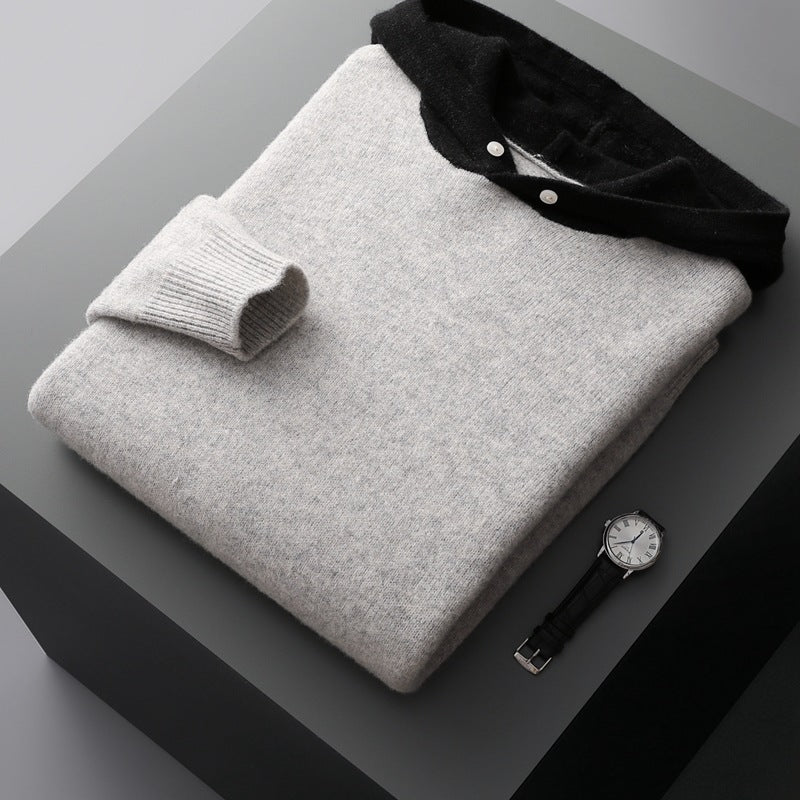 Back view of the men's classic merino wool hoodie, highlighting the smooth fabric and typical hood drape.
