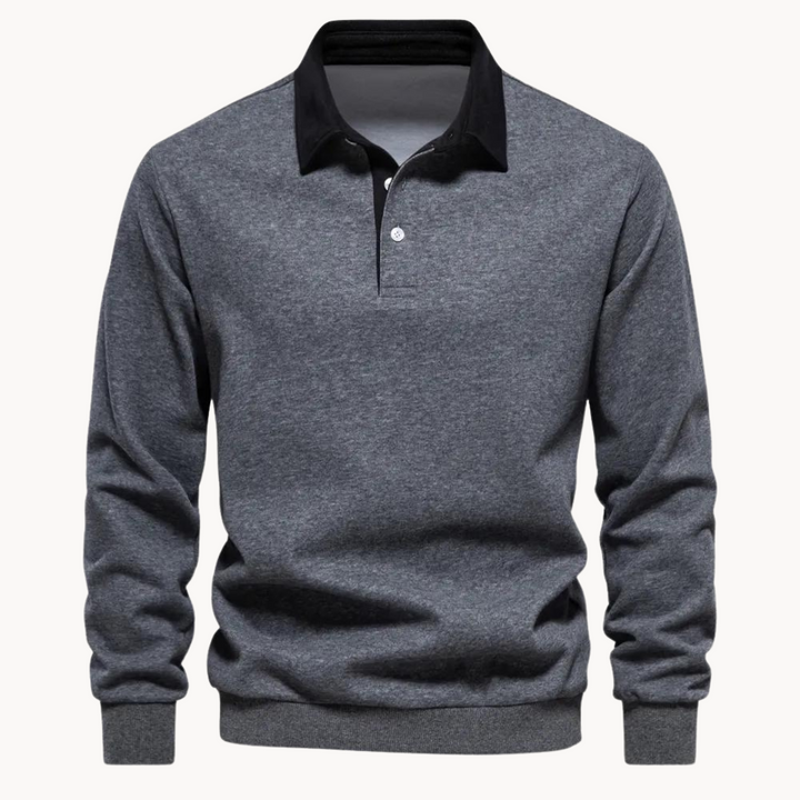 Men's classic navy fleece polo sweatshirt with ribbed trim, perfect for casual winter layering.