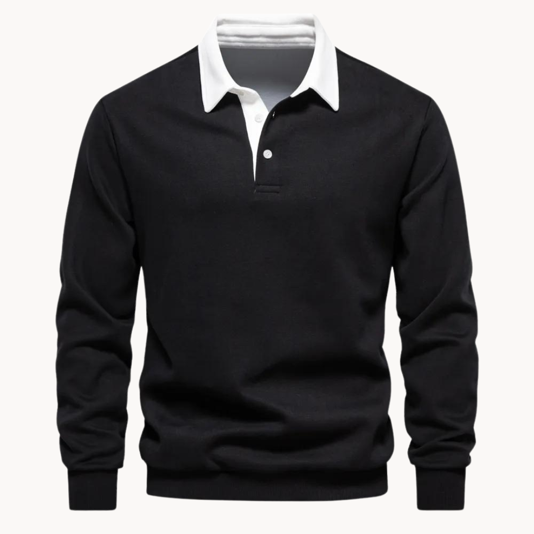 Athletic casual men's black fleece polo sweatshirt, ideal for comfort and classic style.