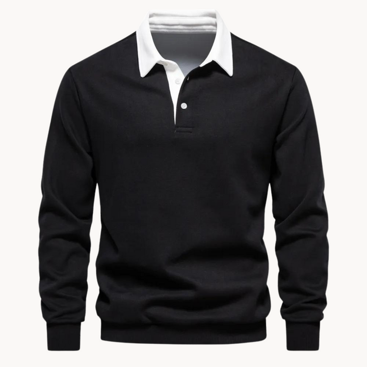 Athletic casual men's black fleece polo sweatshirt, ideal for comfort and classic style.