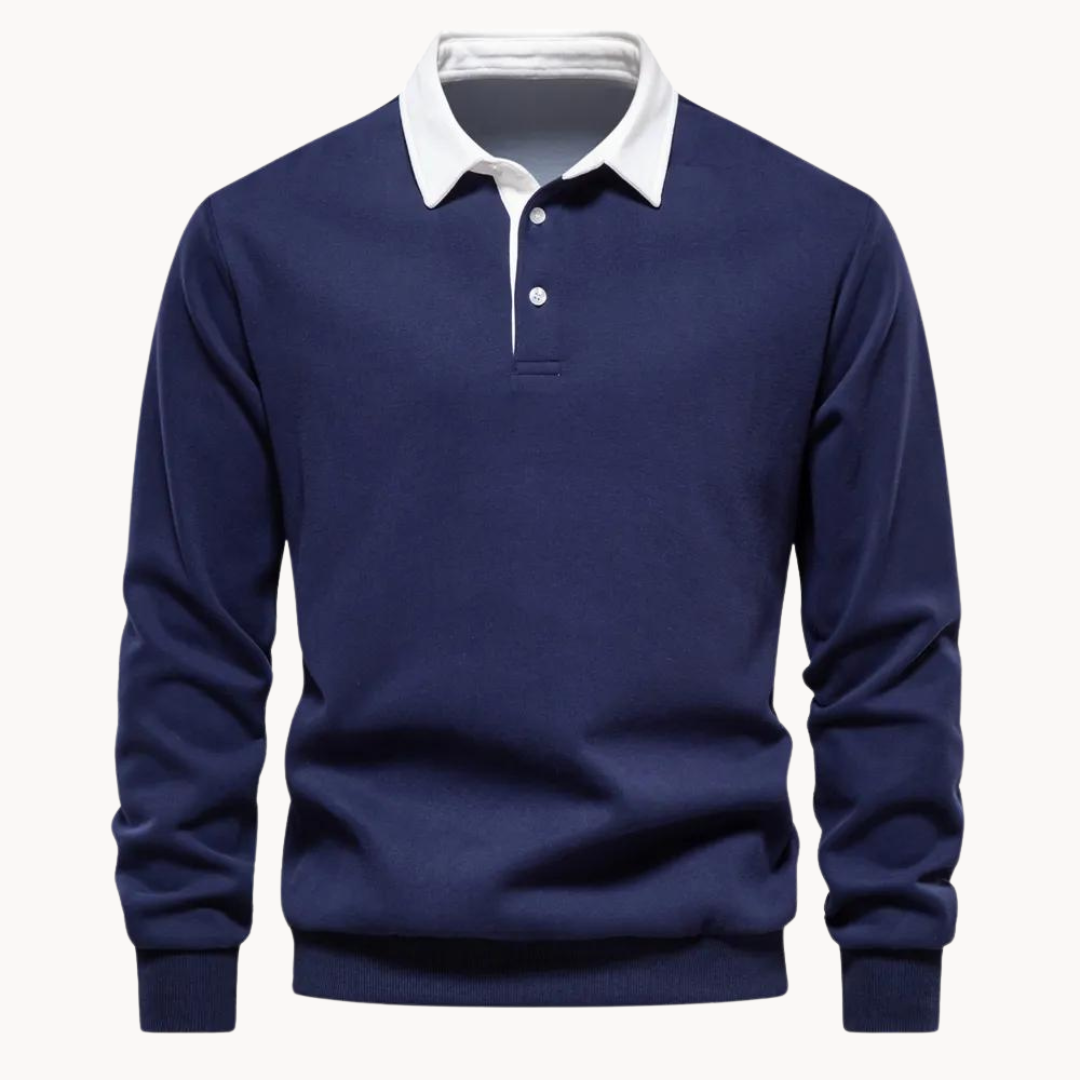 Men's white fleece polo sweatshirt with ribbed cuffs and hem, a versatile layering top.