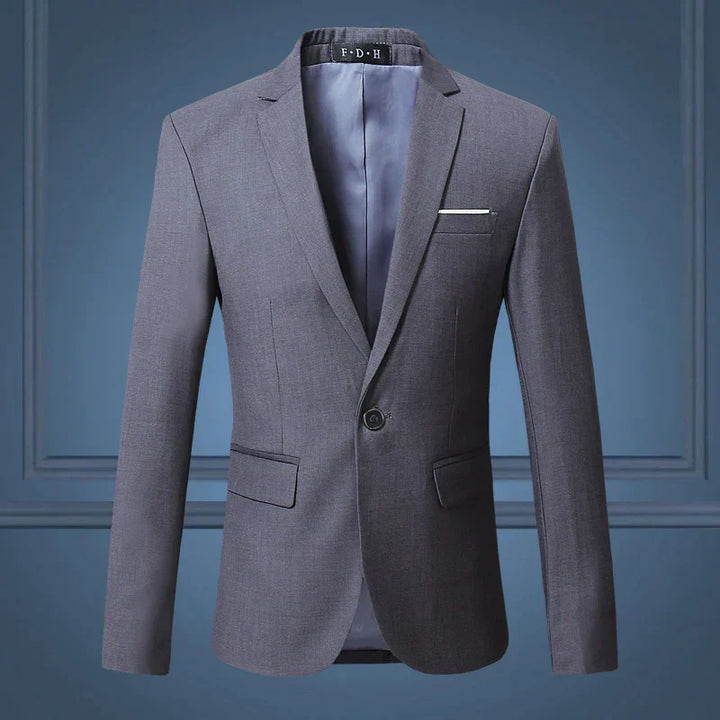 Men's classic one-button tailored suit blazer in black, perfect for formal and business wear