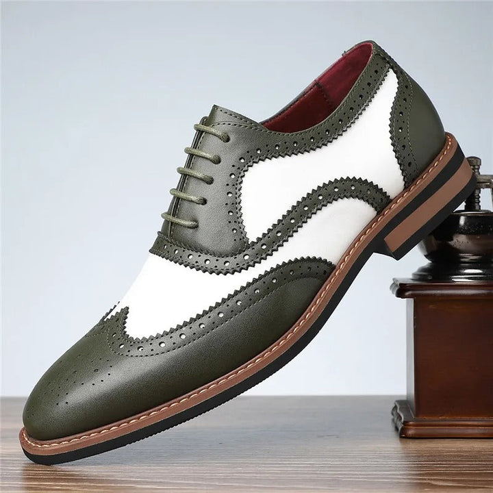 Stylish men's wingtip patent leather brogues, showcasing a classic vintage design
