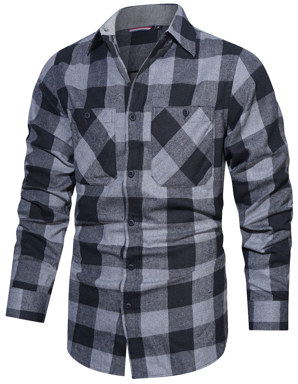 Close-up of buttons on a men's long sleeve plaid flannel shirt, quality casual apparel