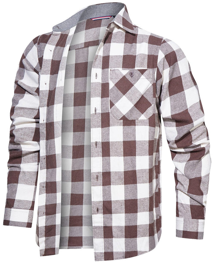 Close-up of the chest pocket on a men's classic plaid flannel button-down shirt