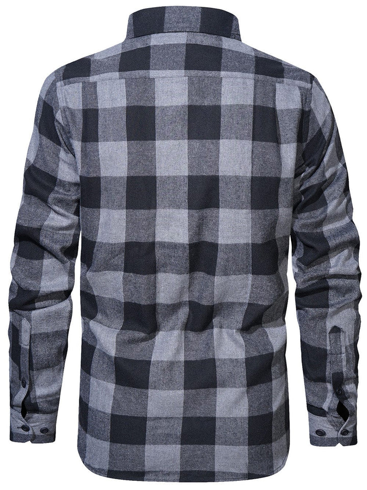 Unfolded men's classic plaid flannel shirt, showcasing the full pattern and soft material