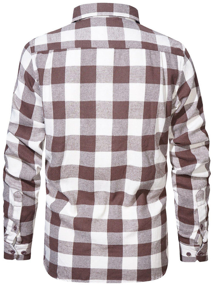 Men's long-sleeve button-down plaid flannel shirt, a staple for fall and winter fashion