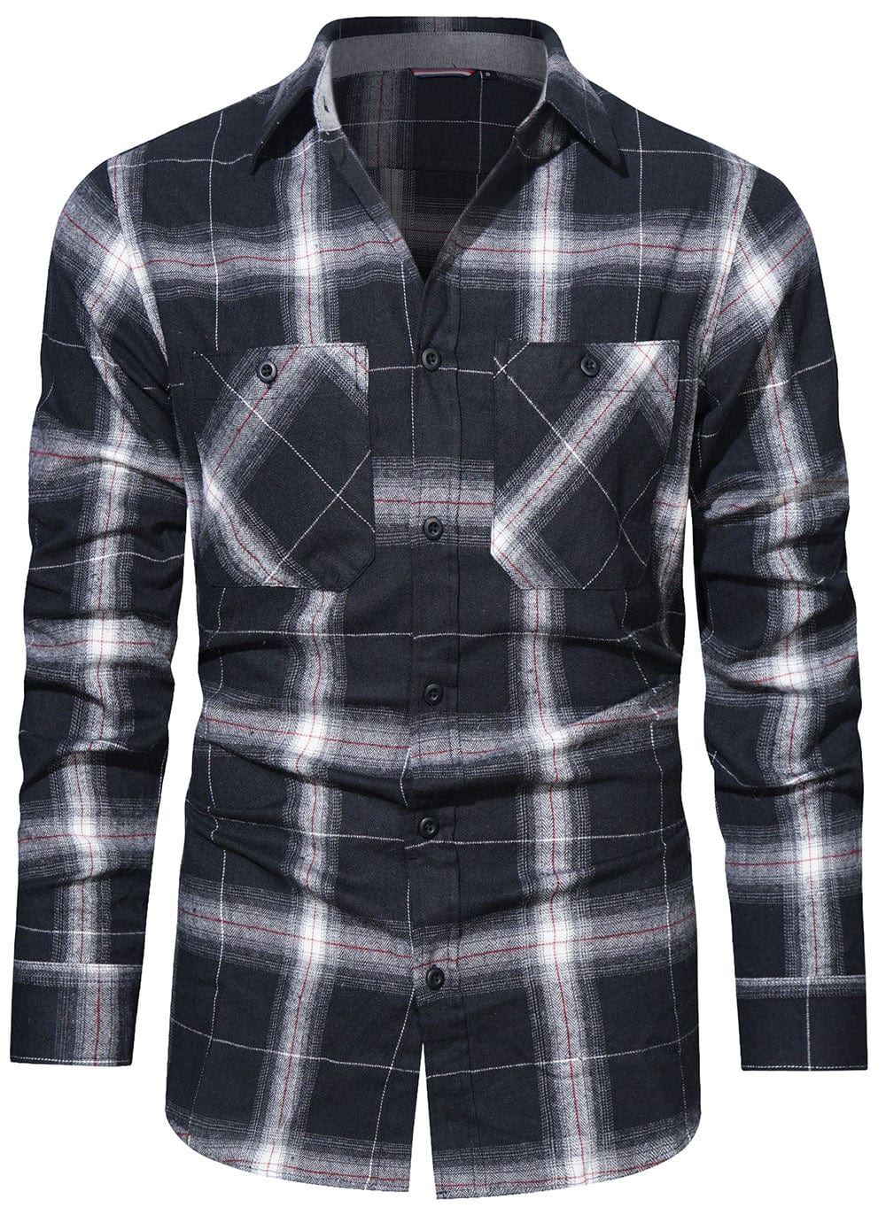 Men's long sleeve flannel shirt in a red and black plaid pattern, a winter wardrobe essential