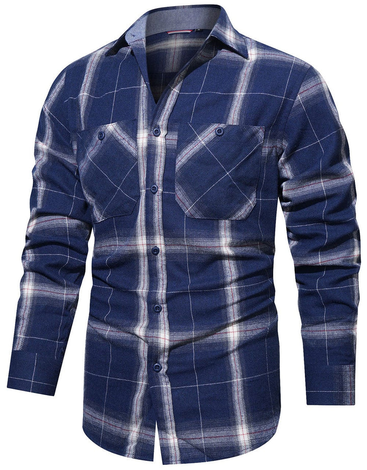 Folded men's plaid flannel shirt, showcasing the classic pattern and soft cotton blend