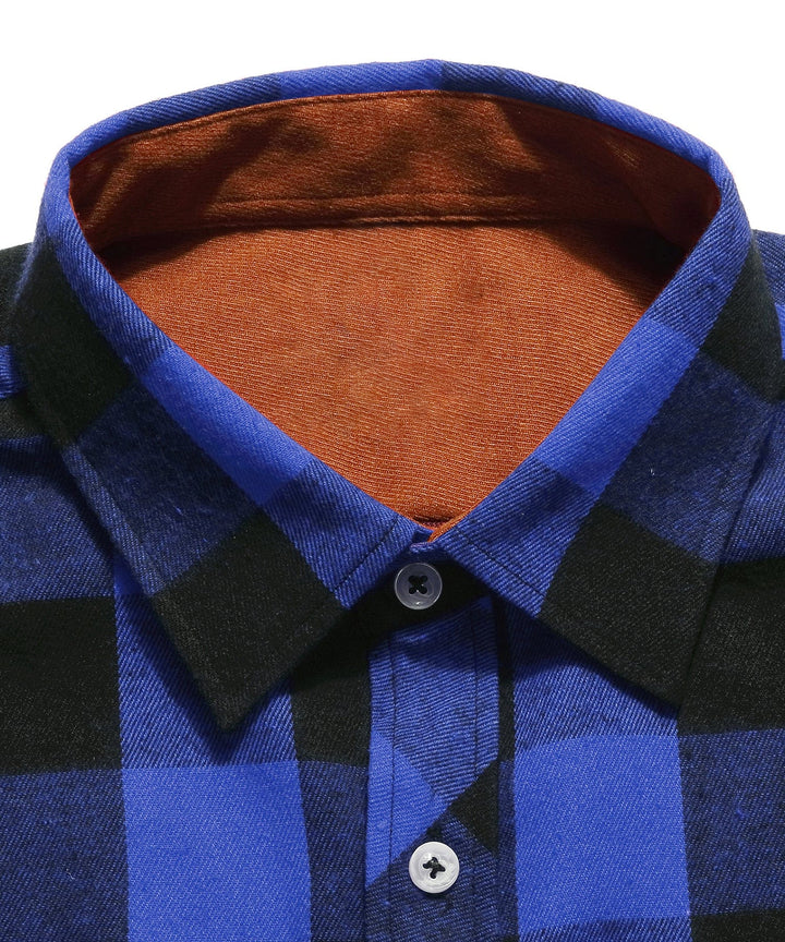 Folded men's plaid flannel shirt, showcasing the blue and white check pattern, new apparel