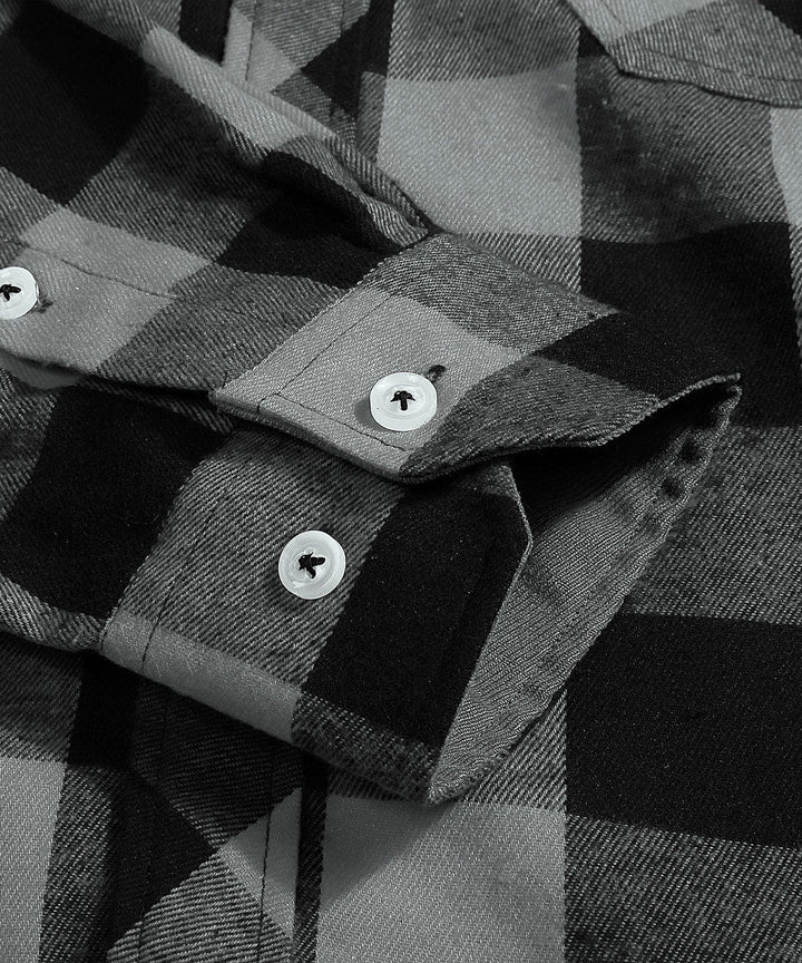Men's apparel: Dark grey and red plaid flannel shirt, long sleeve, durable fabric