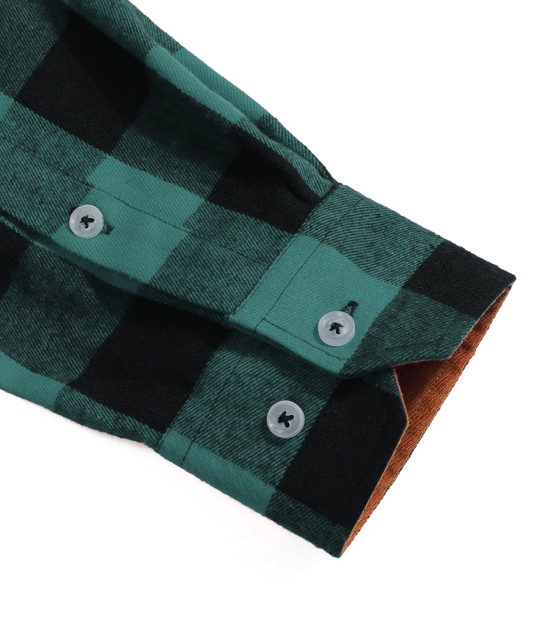 Close-up of buttons on a men's long sleeve plaid flannel shirt, quality detailing